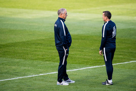 Lars Lagerbäck, head coach of Norway, and Per Joar Hansen,