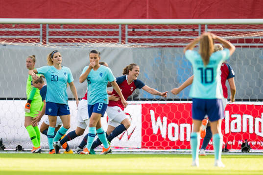 Isabell Herlovsen of Norway celebrates scoring 2-0