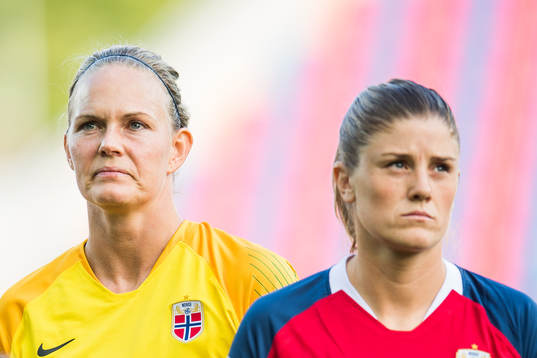 Goalkeeper Ingrid Hjelmseth and Maren Mjelde of Norway