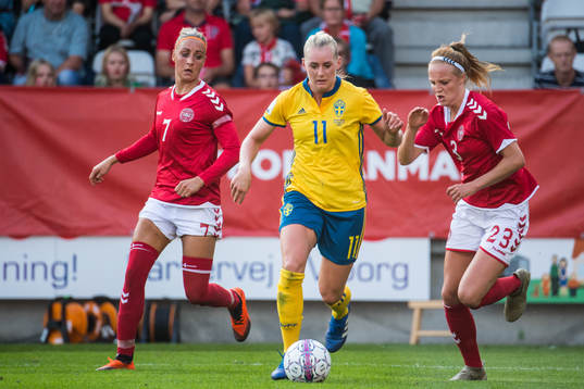 Sveriges Stina Blackstenius mot Danmarks Sanne Troelsgaard
