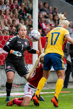 Sveriges Caroline Seger oroar mot Danmarks målvakt Stina