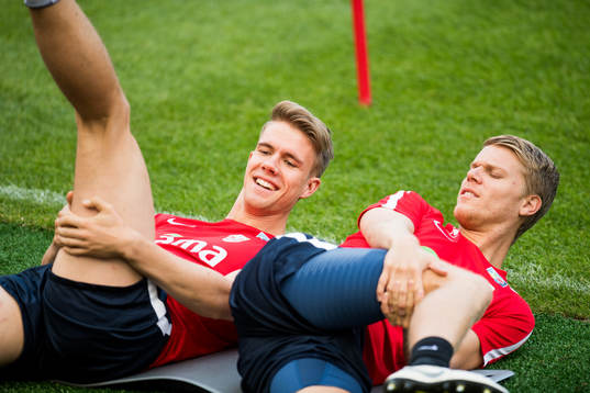Kristoffer Ajer and Sigurd Rosted of Norway
