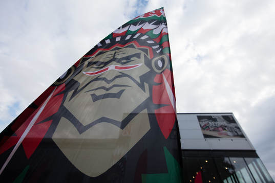 A Frölunda flag outside the arena Frölunda borg