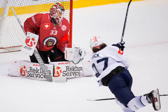 Goalkeeper Johan Mattsson saves a shot from Roman Wick of