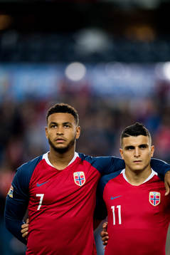 Joshua King and Mohamed Elyounoussi of Norway