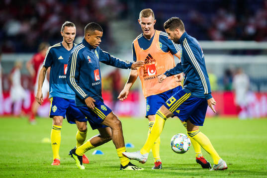 Robin Quaison, Emil Krafth and Marcus Rohdén of Sweden