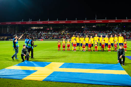 The Swedish flag is seen in front of the players of Sweden