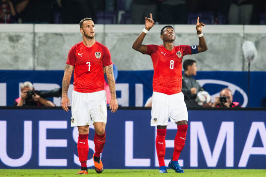 David Alaba of Austria celebrates scoring 2-0