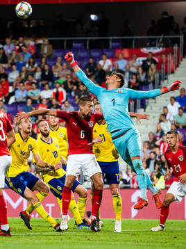 Pontus Jansson of Sweden sees goal keeper Heinz Lindner and