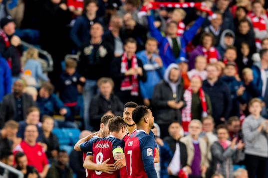 Stefan Johansen of Norway celebrates with teammates Bjørn
