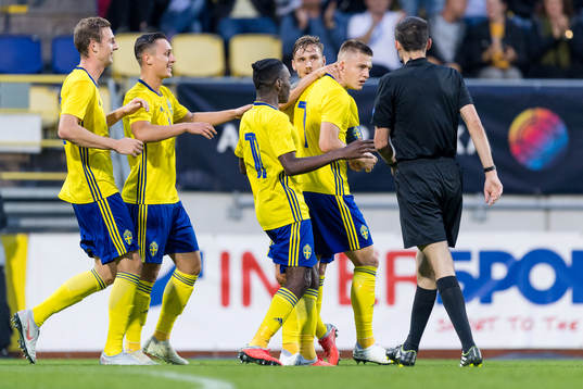 Sveriges Mattias Svanberg jublar med lagkamrater