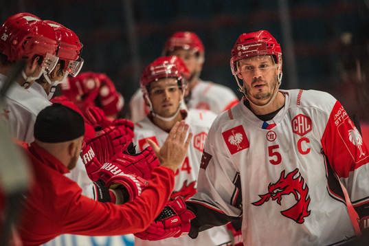 Lukas Krajicek of Ocelari Trinec celebrates with his