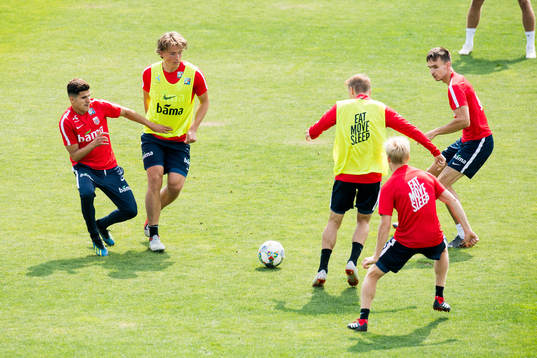 Tarik Elyounoussi and Sander Berge of Norway