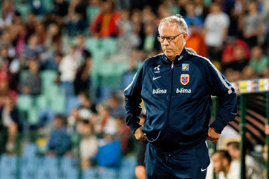 Lars Lagerbäck, head coach of Norway, looks dejected