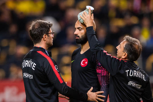 goalkeeper Sinan Bolat of Turkey is in pain