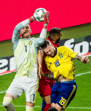 Goalkeeper Robin Olsen and Pontus Jansson of Sweden against