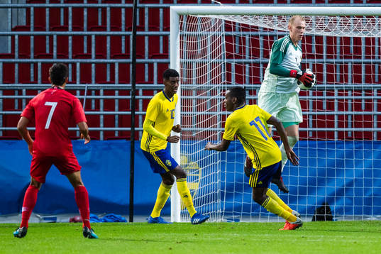 Sveriges målvakt Pontus Dahlberg med en räddning