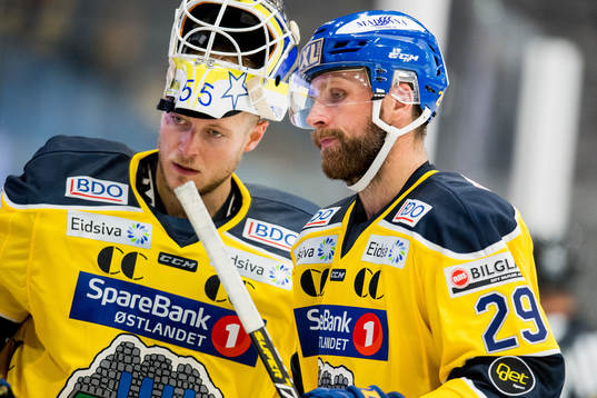 Goaltender Oskar Östlund and Robin Dahlstrøm of Storhamar