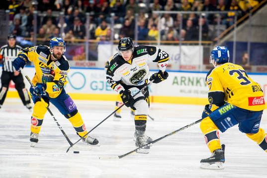 Robin Dahlstrøm of Storhamar and Robin Haglund Mathisen of