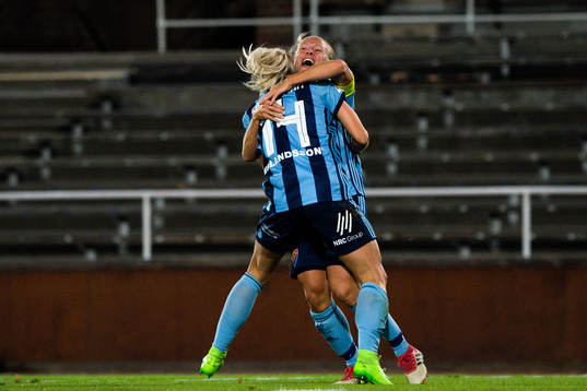 Djurgårdens Julia Spetsmark  och Mia Jalkerud jublar