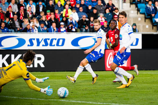 Goalkeeper Per Kristian Bråtveit of Haugesund saves a shot
