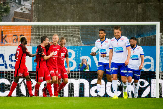 Kristoffer Barmen of Brann celebrates with his teammates