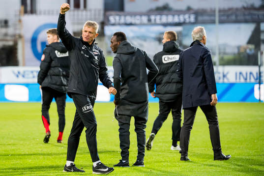 Lars Arne Nilsen, head coach of Brann, celebrates