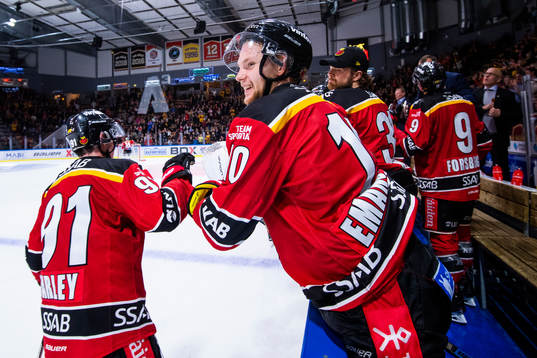 Luleås Einar Emanuelsson och Austin Farley jublar