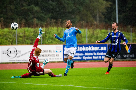 Erixon Danso of Sandnes Ulf scores the 1-3 goal behind