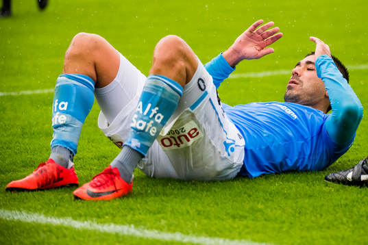 Sanel Kapidzic of Sandnes Ulf lies down with an injury