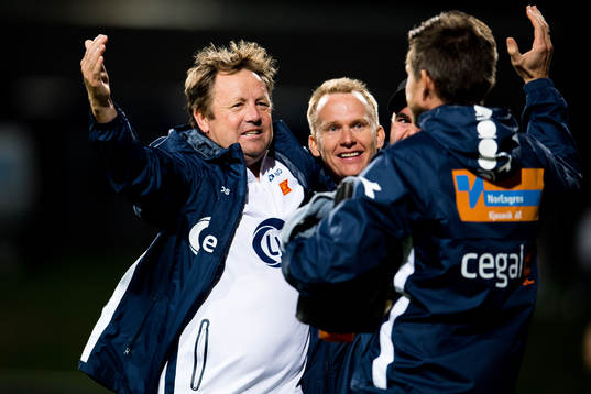 Bjarne Berntsen, head coach of Viking, celebrates at the