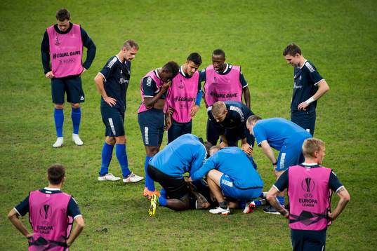 Kristoffer Knudsen Larsen of Sarpsborg 08 with an injury