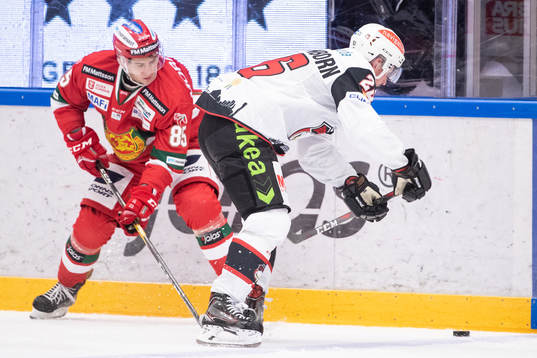 Moras Michael Haga och Malmö Redhawks Axel Wemmenborn  i