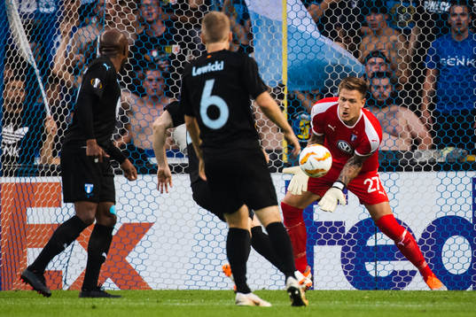 goalkeeper Johan Dahlin of Malmö FF with a save