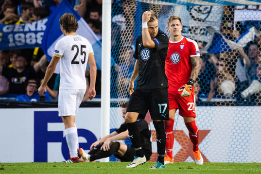 Rasmus Bengtsson and goalkeeper Johan Dahlin of Malmö FF