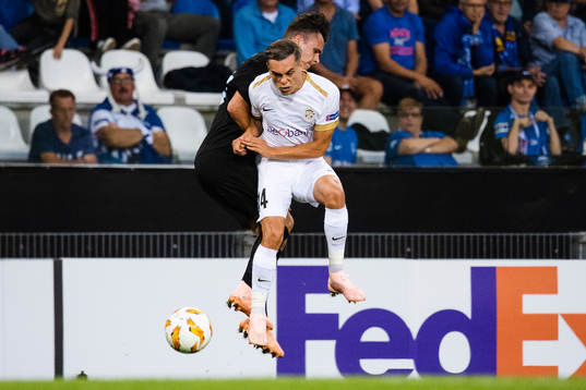 Andreas Vindheim of Malmö FF competes for the ball with