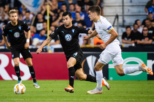 Behrang Safari of Malmö FF and Bojan Nastic of Genk