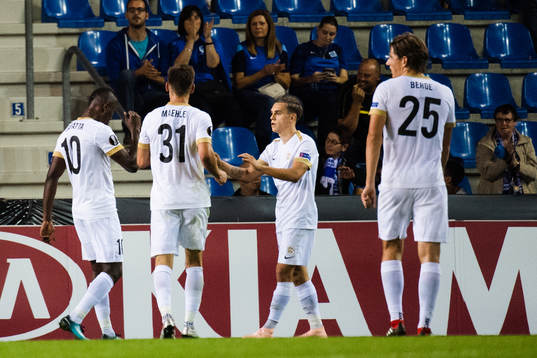 Mbwana Samatta of Genk celebrates scoring 2-0