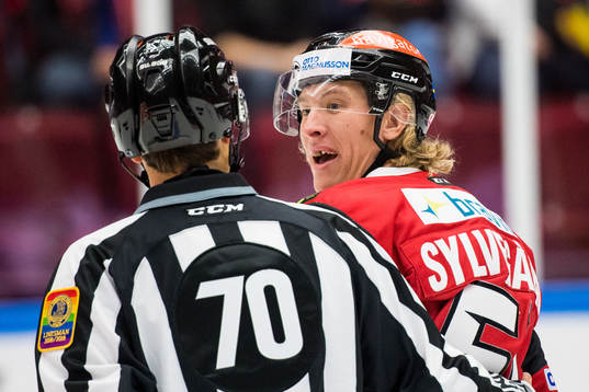 Malmö Redhawks Emil Sylvegård i samtal med domaren