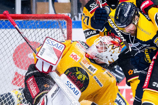 Luleås målvakt Niklas Rubin men issprut i ansiktet