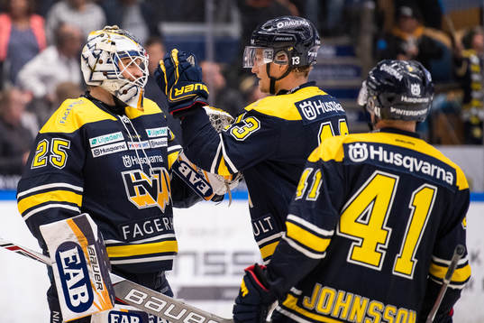 s målvakt Felix Sandström och HV71:s Oscar Sundh jublar