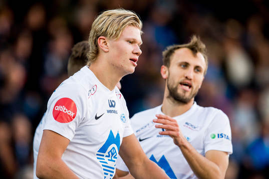 Erling Braut Håland of Molde celebrates with teammate