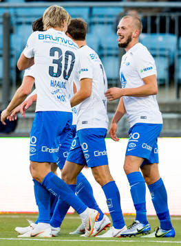 Eirik Hestad of Molde celebrates with teammate Erling Braut