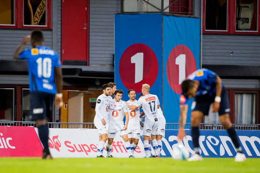 Mads Reginiussen of Ranheim celebrates with his teammates