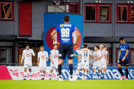 Mads Reginiussen of Ranheim celebrates with his teammates