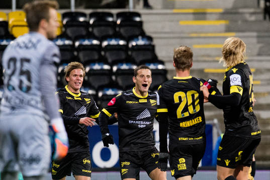 Herolind Shala of Start celebrates the 1-2 goal with his