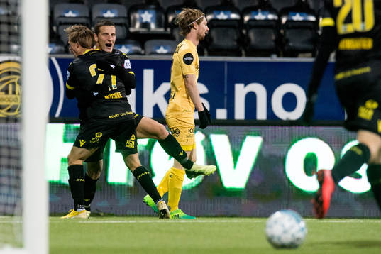 Herolind Shala of Start celebrates the 1-2 goal with his