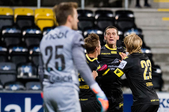 Herolind Shala of Start celebrates the 1-2 goal with his