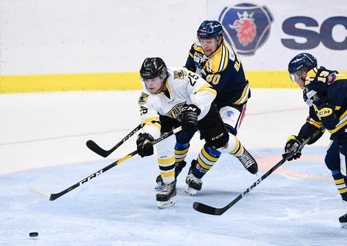 Panterns Oliver Larsen i kamp om pucken med Södertäljes