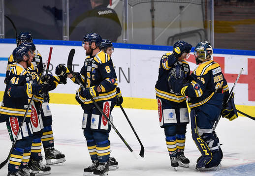 Södertäljes spelare jublar med målvakt George Sörensen